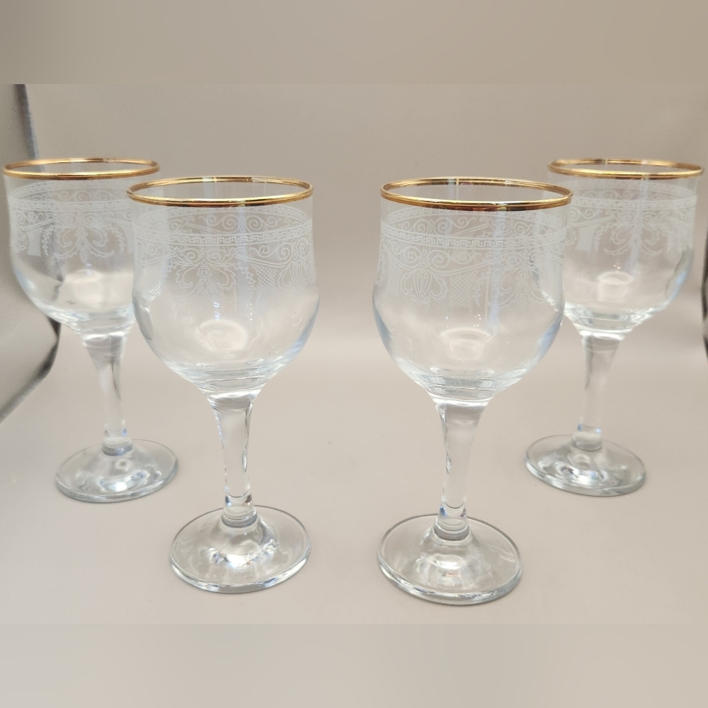 Cellini Blown Crystal Hand Etched W/24k Gold Rim Wine Glasses Italy Set Of 4